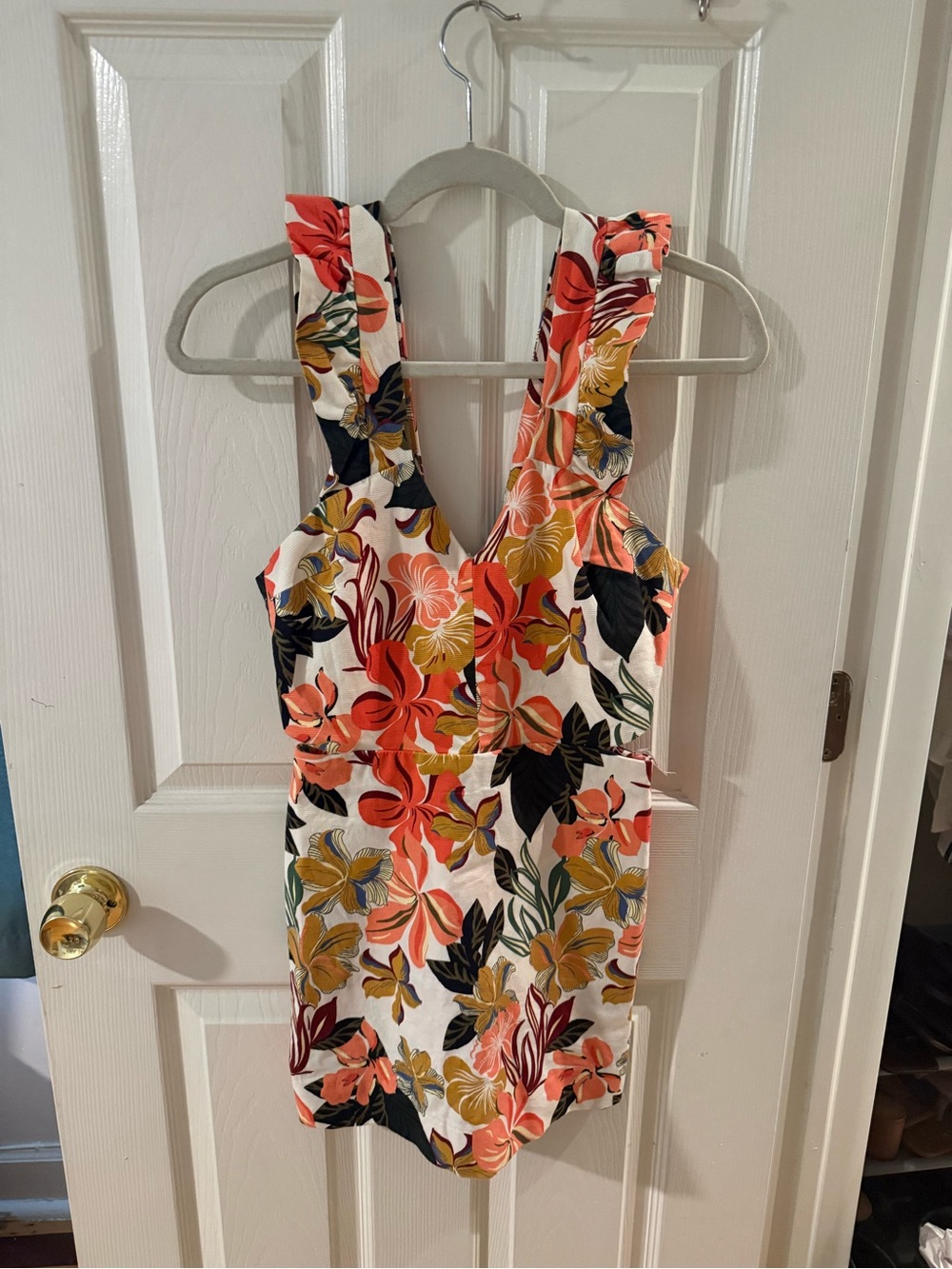 Zara Floral Halter Romper in Coral, Yellow & Black